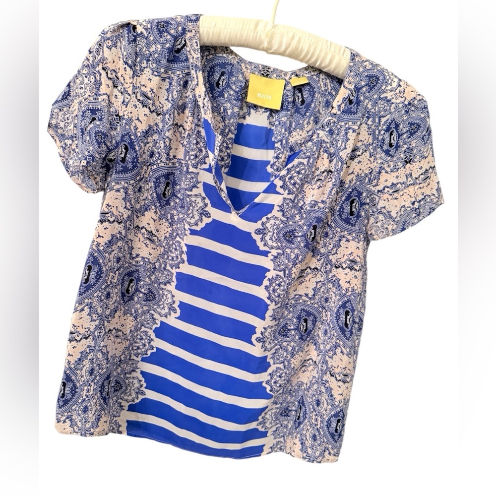 Anthropologie Top Maeve 100% Silk Blue Paisley Stripe V-Neck Blouse Top Size S